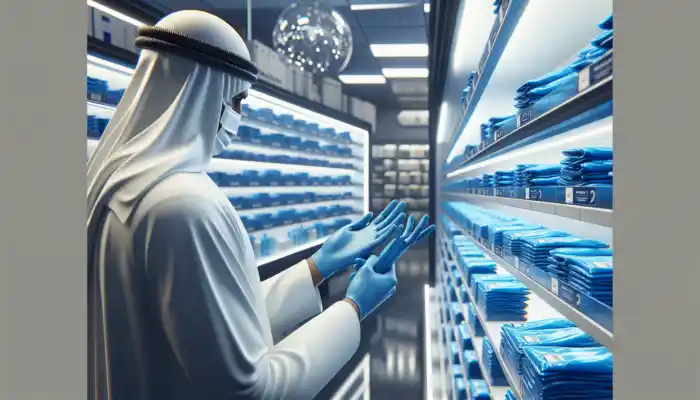 A medical professional in a sterile lab examines packaged blue latex gloves on a shelf under bright fluorescent lights.