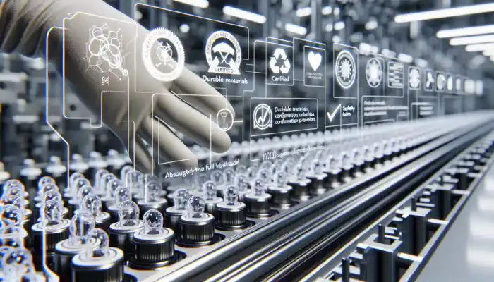 Close-up of certified sterile gloves on a Rotherham factory production line, featuring quality control stamps and UK safety labels for enhanced health and safety.