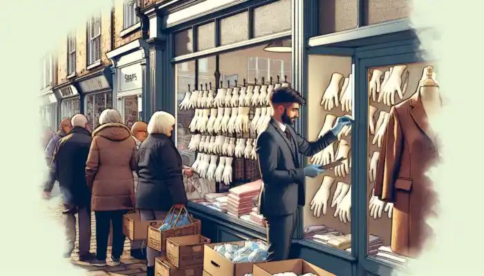 Cotton Gloves in Stroud: A bustling high street in Stroud shows quaint shops with cotton gloves on display, shoppers browsing racks, and staff offering helpful assistance.