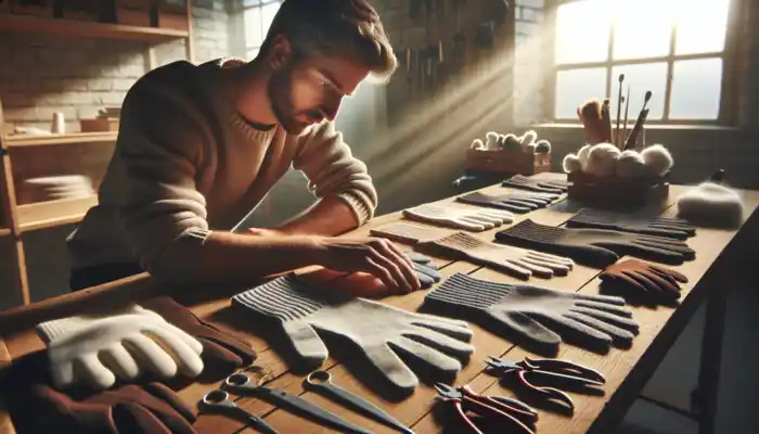 A person in a sunlit workshop examines various cotton gloves on a wooden table, comparing sizes, textures, and colors with tools nearby.
