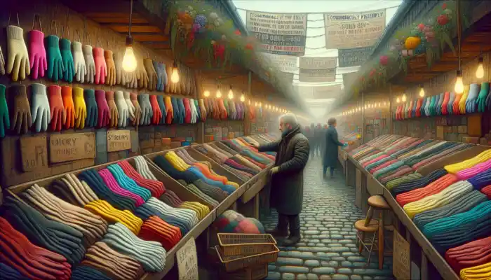 In a bustling Stroud market stall, colorful budget cotton gloves on shelves contrast with premium pairs on stands, as a buyer inspects them under soft light.