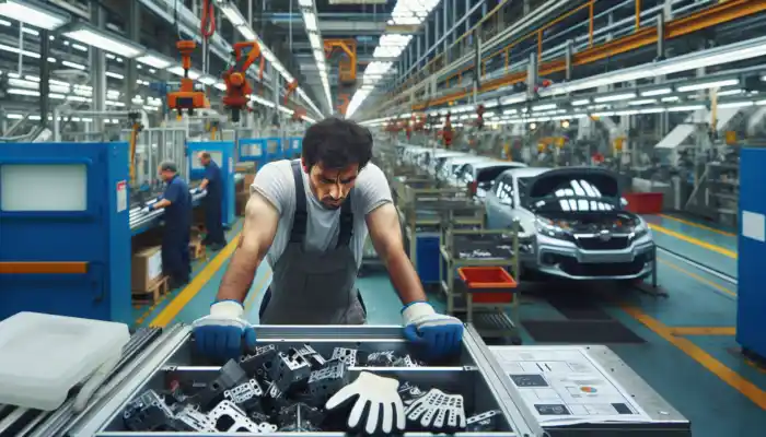 Poor Glove Fit: A weary factory worker in a bustling UK automotive plant wears ill-fitting safety gloves, causing hand fatigue amid assembly lines and machinery.