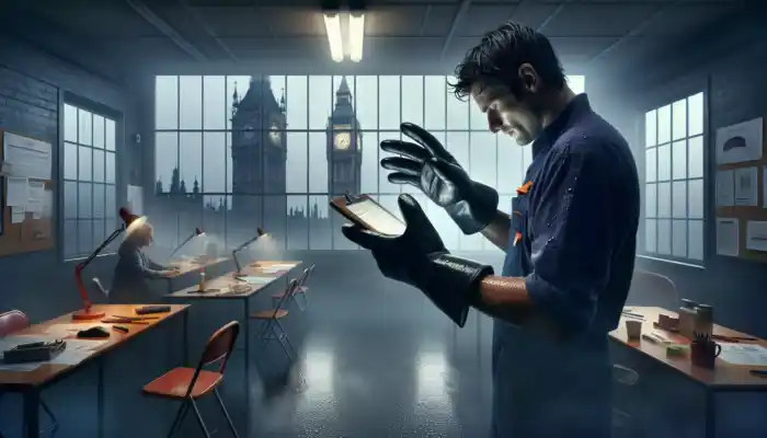 A British worker in a rainy London workshop fumbles with tools in oversized gloves, sweat on brow, Big Ben faintly visible.