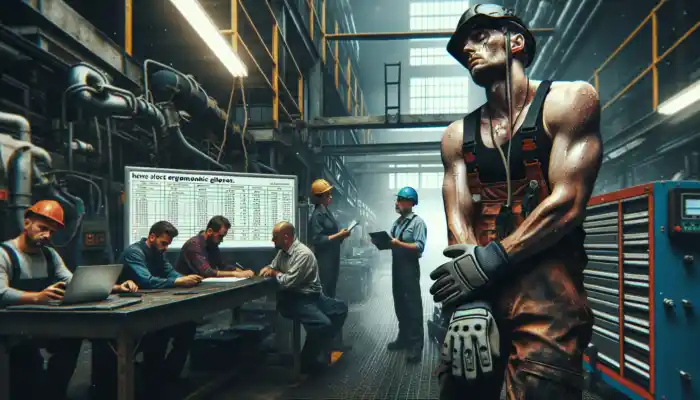 In a dimly lit UK factory, a weary worker in ill-fitting gloves struggles with machinery, while colleagues attend ergonomic glove training with safety posters.