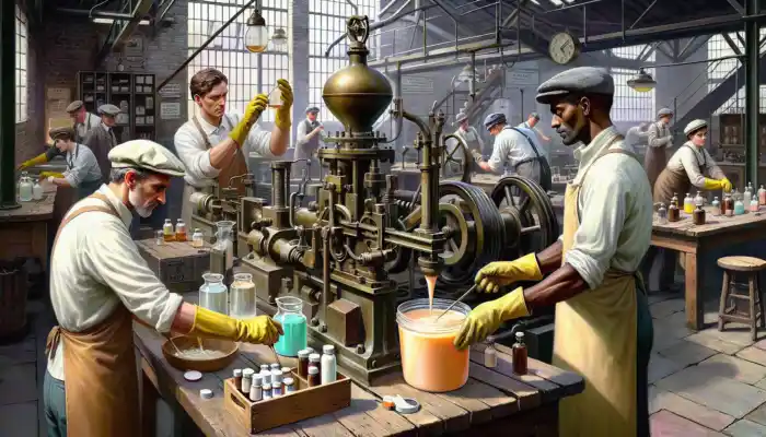 Workers in extended-length gloves in a historic British factory: chemist mixing potions, mechanic assembling engines, farmer sorting produce.