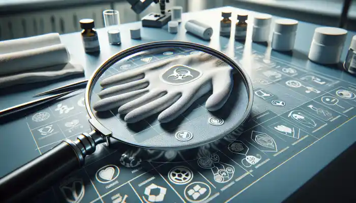 Durable polythene gauntlet gloves on a sterile workbench, showing UK safety labels, certification stamps, and magnified branding in a bright lab.