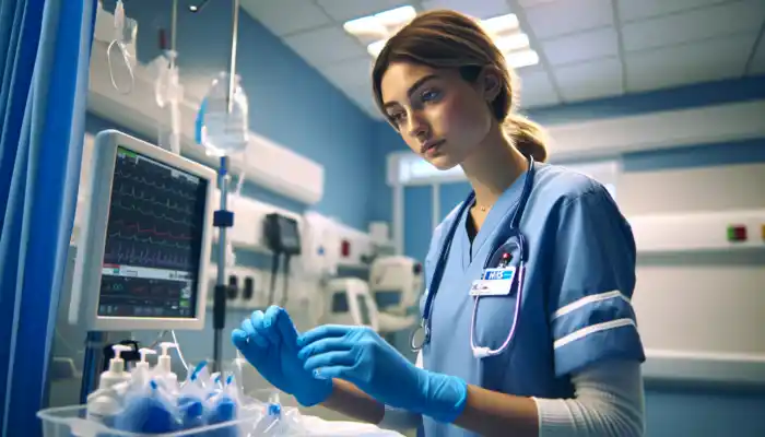 Wear Disposable Gloves in Healthcare and Industry: A focused NHS nurse in a sterile UK hospital ward wears blue disposable gloves while examining a patient, emphasizing infection prevention with medical tools.