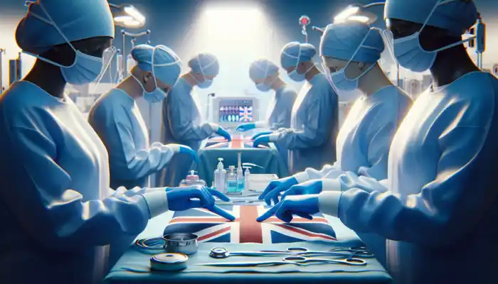 A diverse healthcare team in blue nitrile gloves performs a sterile procedure in a modern UK hospital with medical tools and Union Jack accents.