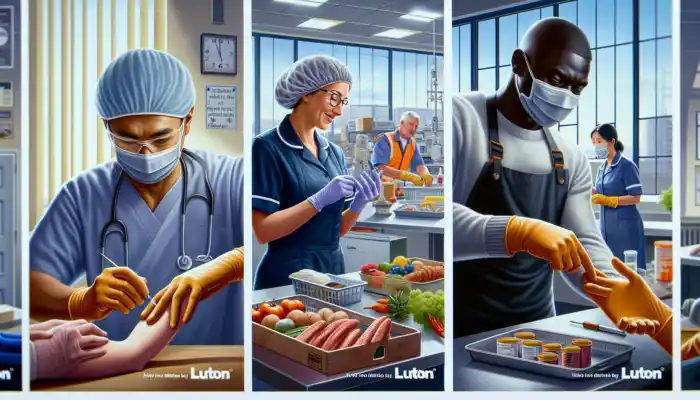 Nitrile Gloves in Luton: healthcare worker examining patient, food handler preparing meals, industrial employee handling chemicals for durable, latex-free protection.