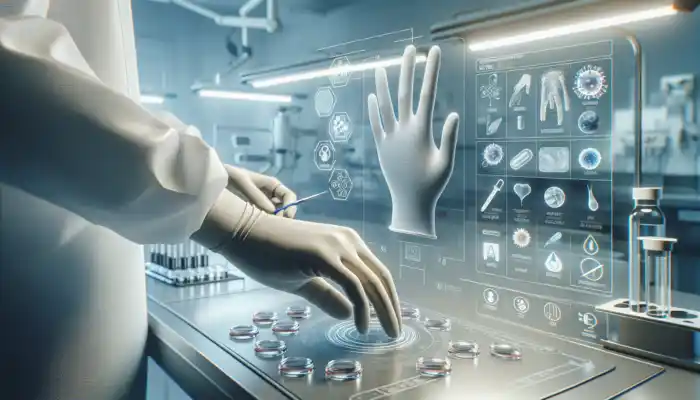 A close-up of a gloved hand examining nitrile gloves in a sterile lab, with icons for thickness, size, resistance, durability, and texture.