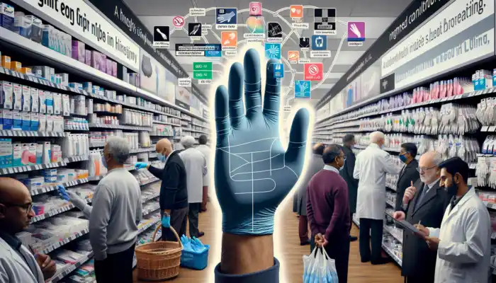 Shopper in busy Luton medical store examines nitrile gloves: one oversized and slipping, one too tight, with sizing chart nearby.