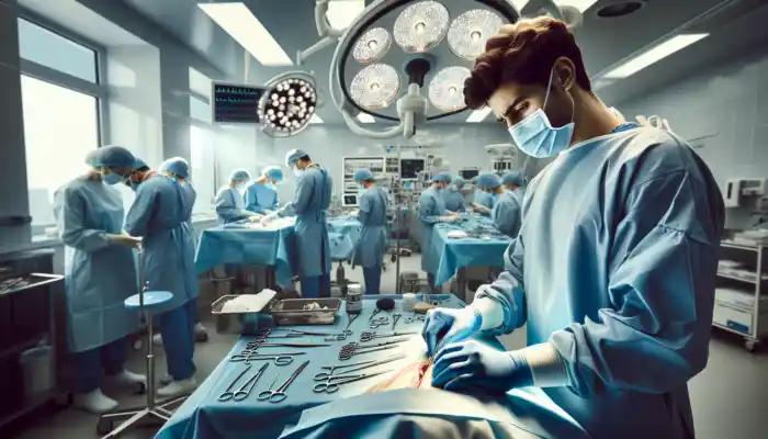 Why Choose Nitrile Gloves for Medical and Lab Use: A focused surgeon in blue nitrile gloves performs surgery in a London hospital, with sterile tools and protective masks visible.