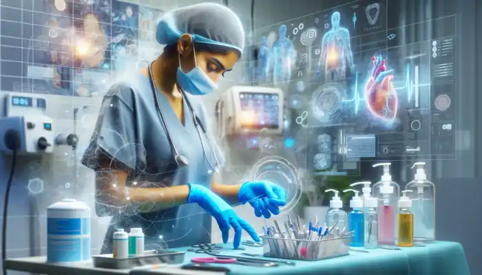 Donning Gloves Correctly To Avoid Contamination: A healthcare worker meticulously donning blue surgical gloves in a sterile UK NHS ward, surrounded by medical equipment and sanitizers.