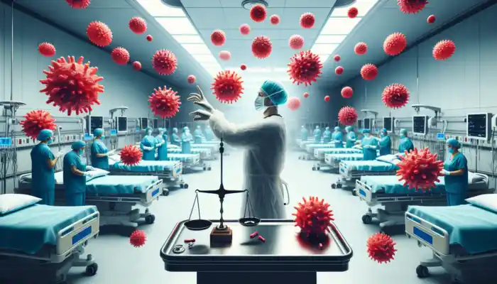 In a UK NHS ward, healthcare worker incorrectly dons gloves as red bacteria spreads to patients, symbolizing infections and legal risks.