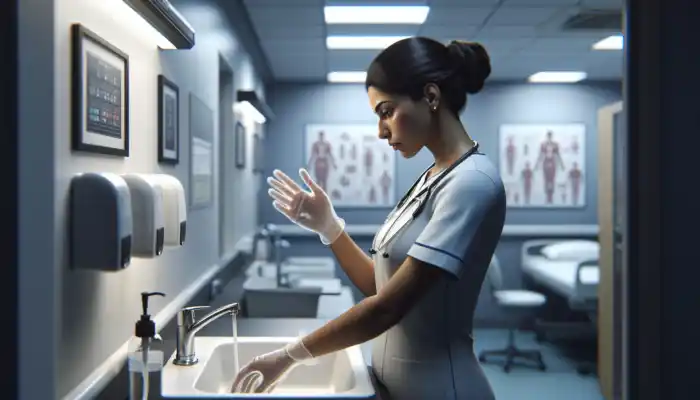 A focused nurse in a sterile UK hospital room washes hands, selects gloves, and inspects them for tears under bright lights.