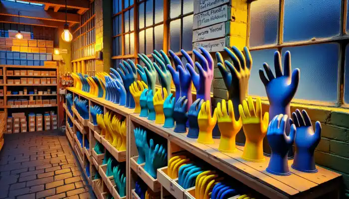 Latex Gauntlet Gloves in Poole: A display of latex gauntlet gloves in Poole: blue flexible ones for food handling and yellow robust ones for industry on wooden shelves with UK safety labels.