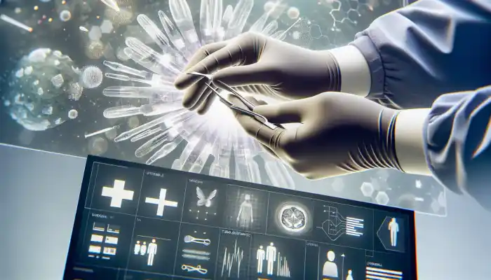 Vinyl Gloves in Cheltenham: Close-up of translucent, flexible PVC vinyl gloves on a healthcare worker in a sterile UK hospital room, showing durability with medical tools nearby.