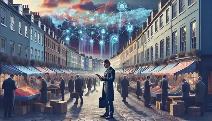 A sharp-dressed professional scans supplier directories on a tablet in Cheltenham's bustling street, surrounded by Georgian buildings and market crowds.