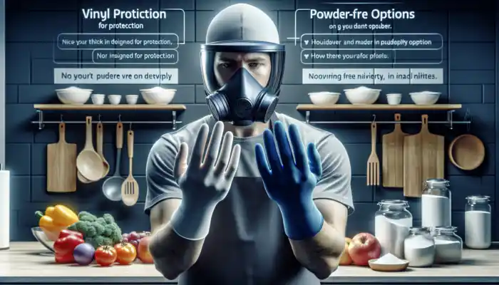 Close-up of a person in a Cheltenham kitchen comparing thick and thin vinyl gloves, with powder-free options and food items nearby.