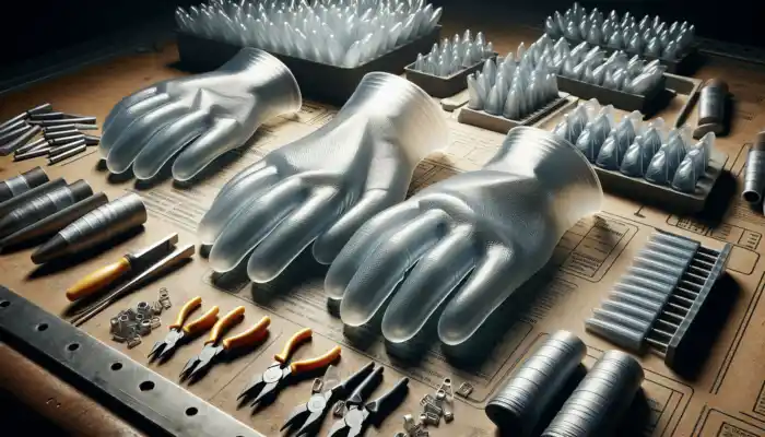 Polythene Gauntlet Gloves in Peterborough: Close-up of thick, translucent polythene gauntlet gloves in various sizes on a workbench for industrial and household tasks.
