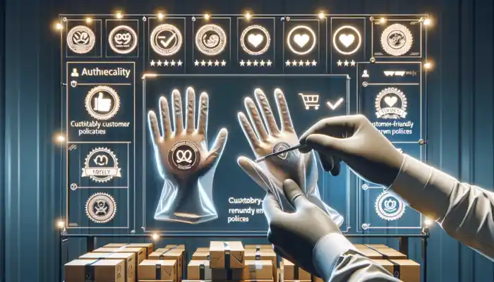 A buyer examines high-quality polythene gauntlet gloves at a reputable stall, surrounded by authenticity certificates, return policy signs, and glowing customer reviews.