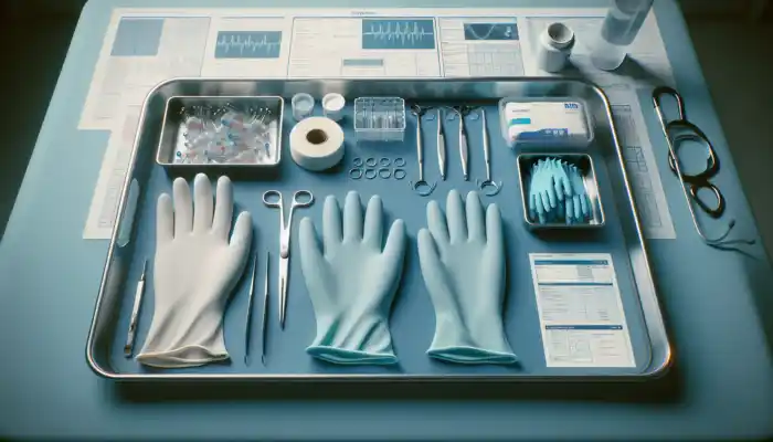 Sterile Gloves in Dunstable: Assortment of sterile gloves in a UK hospital: smooth white latex, durable blue nitrile, and clear vinyl on a tray with tools.