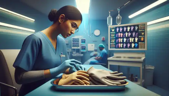 Types of Gloves in Standard Infection Control: A doctor in blue scrubs examines a patient wearing nitrile gloves in a UK hospital, with a tray of latex and vinyl gloves under bright lights.