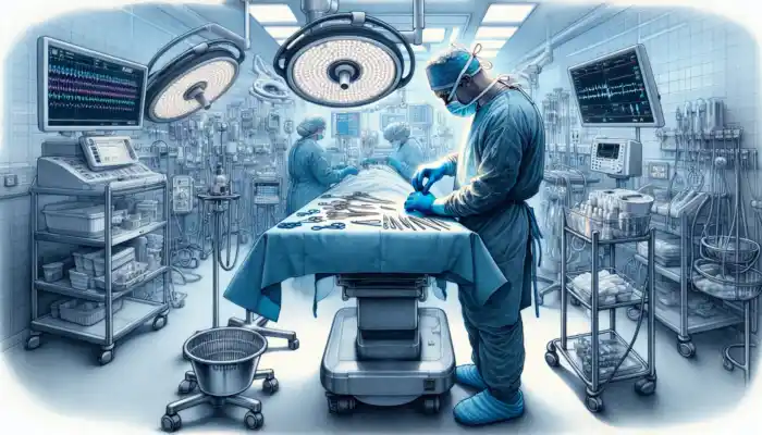 Surgeon donning blue sterile gloves in a UK NHS operating theatre, surrounded by gleaming instruments and monitors for infection control.