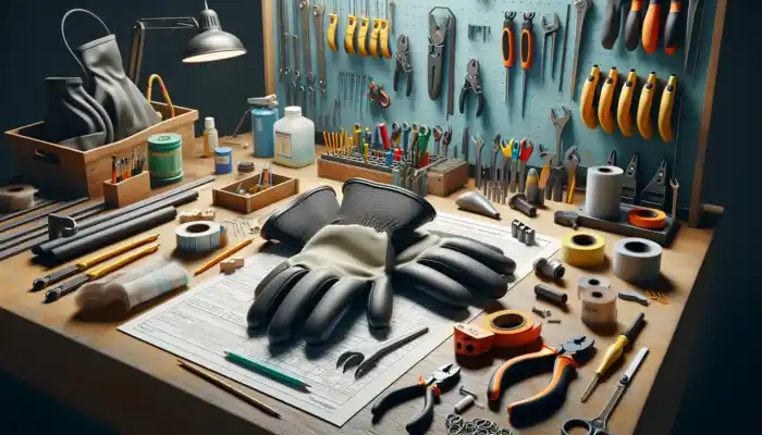 PVC Work Gloves in Harrogate: Close-up of durable PVC work gloves on a workbench in a Harrogate industrial setting, surrounded by tools and safety gear.