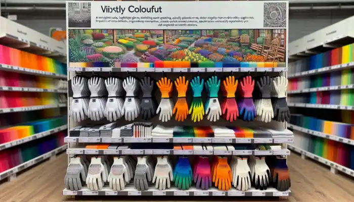 Cotton Gloves In Ipswich: Display of cotton gloves in an Ipswich store: lightweight for gardening, thick for manual work, and thermal for cold weather on shelves.
