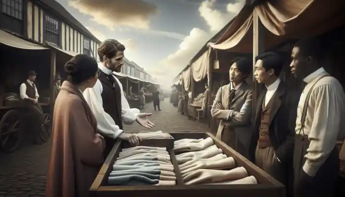 A shopkeeper demonstrates cotton gloves in a historic Ipswich market, sharing tips with customers amid wooden stalls under a cloudy sky.