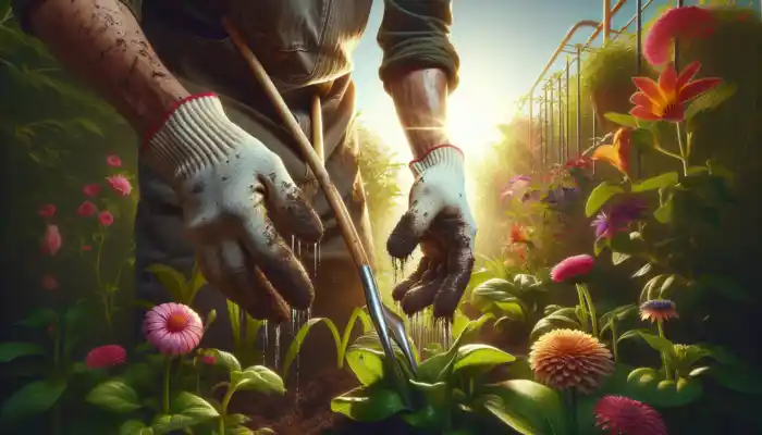 Frustrated gardener in a sunlit plot, wearing torn cotton gloves while gripping wet soil and tools, surrounded by vibrant plants.