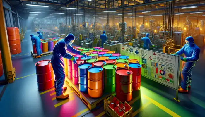Matching Glove Material To Specific Chemicals Handled: Worker in a UK manufacturing plant wearing blue nitrile gloves handles colorful chemical drums, surrounded by safety signs and machinery.
