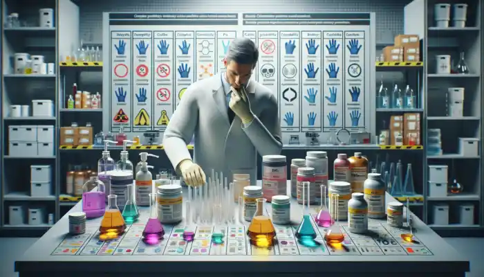 Scientist in lab gloves examining nitrile, latex, and rubber materials beside chemical containers and a compatibility chart.