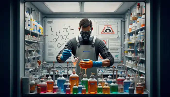 In a modern UK chemical lab, a technician in PVC gloves handles colorful solvent containers amid safety equipment.