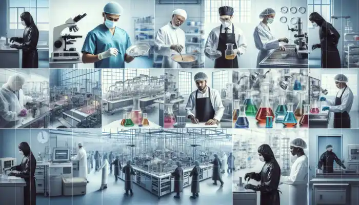 Disposable plastic aprons worn by surgeon in operating room, chef in kitchen, lab technician with beakers, and factory worker on assembly line.