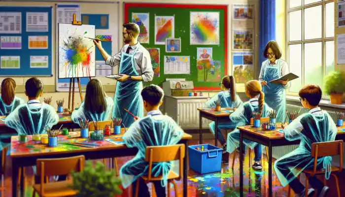 Students in a vibrant UK classroom wear disposable plastic aprons during a messy art lesson, protecting uniforms from paint splatters as a teacher supervises.