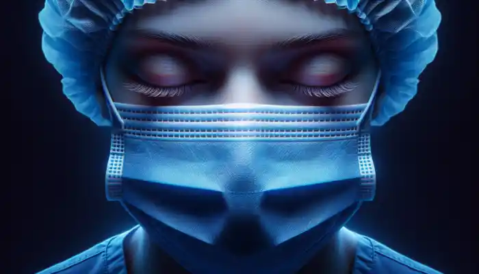 PPE Masks Types: A close-up of a blue surgical mask on a healthcare worker in a UK hospital, with multiple layers for breathable protection against pathogens.