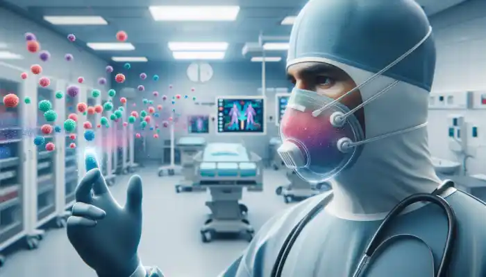 A healthcare worker in a sterile hospital wearing a high-quality PPE mask, blocking colorful airborne particles for protection.