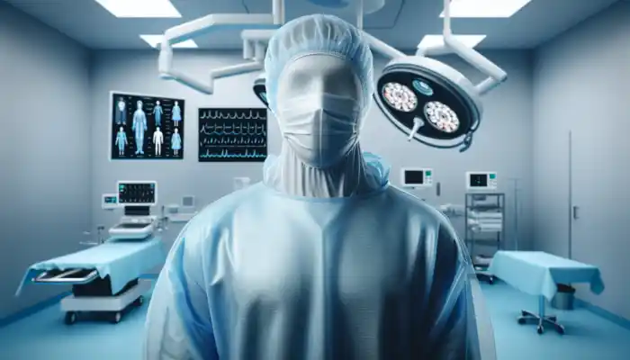Types of PPE Clothing: A healthcare professional in a blue disposable gown with secure ties in a brightly lit operating theater at King's College Hospital.