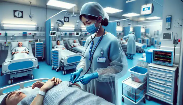 Healthcare worker in a UK hospital ward wearing a blue gown, gloves, and mask, examining a patient surrounded by medical equipment and NHS signage.
