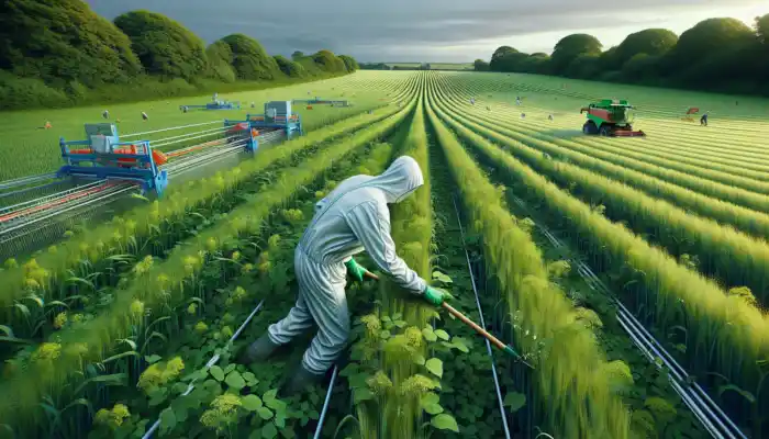 Worker in UK farmland harvesting crops with protective sleeves, shielding from cuts and chemicals amid green fields and tools.
