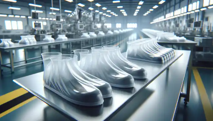Benefits and Uses of Disposable Overshoes: A close-up of shiny, waterproof disposable overshoes made from polyethylene and polypropylene on a sterile UK factory table.