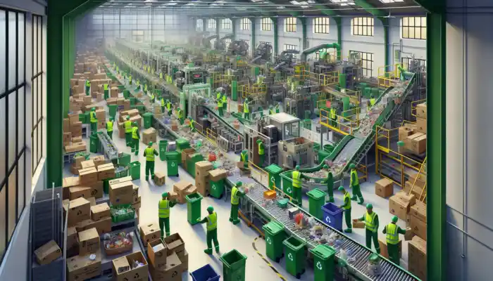 UK factory producing biodegradable overshoes: workers in green uniforms handle eco-materials on conveyor belts, surrounded by recycling bins and sustainability banners.