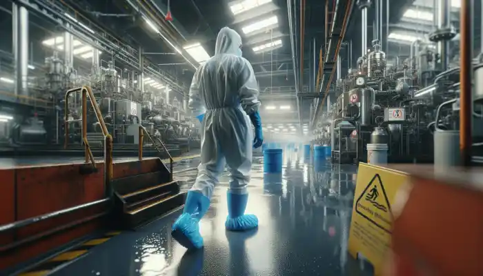 Worker in a bustling British factory wearing blue disposable overshoes on a wet, oily floor amid machinery and safety signs for UK hygiene and slip prevention.