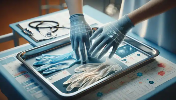 How Do Gloves Prevent Cross-Contamination in Care: Close-up of hands in a UK hospital displaying blue nitrile, clear vinyl, and white latex gloves on a sterile tray.