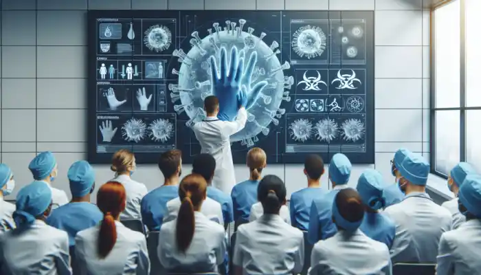 Healthcare expert demonstrates proper glove use in sterile hospital room, blocking pathogens with diagrams and attentive colleagues.