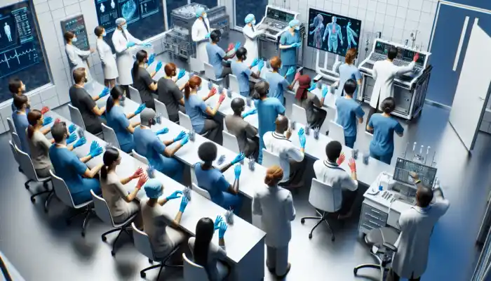 Diverse healthcare professionals in a modern UK training facility practice advanced glove techniques during simulations to prevent cross-contamination.