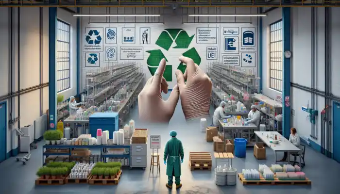 Worker in Birmingham factory wearing cotton gloves under disposables, surrounded by recycling symbols, green plants, and DEFRA logos, symbolizing sustainability.