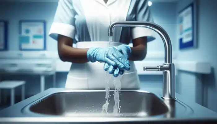 A British nurse in a sterile hospital ward washes hands with white cotton gloves under blue disposables, preventing dermatitis per UK guidelines.